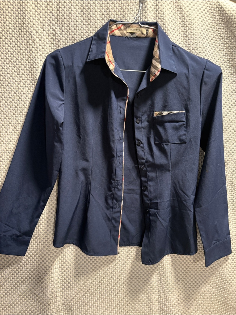 Burberry Navy Button-Down Shirt with Signature Check Trim